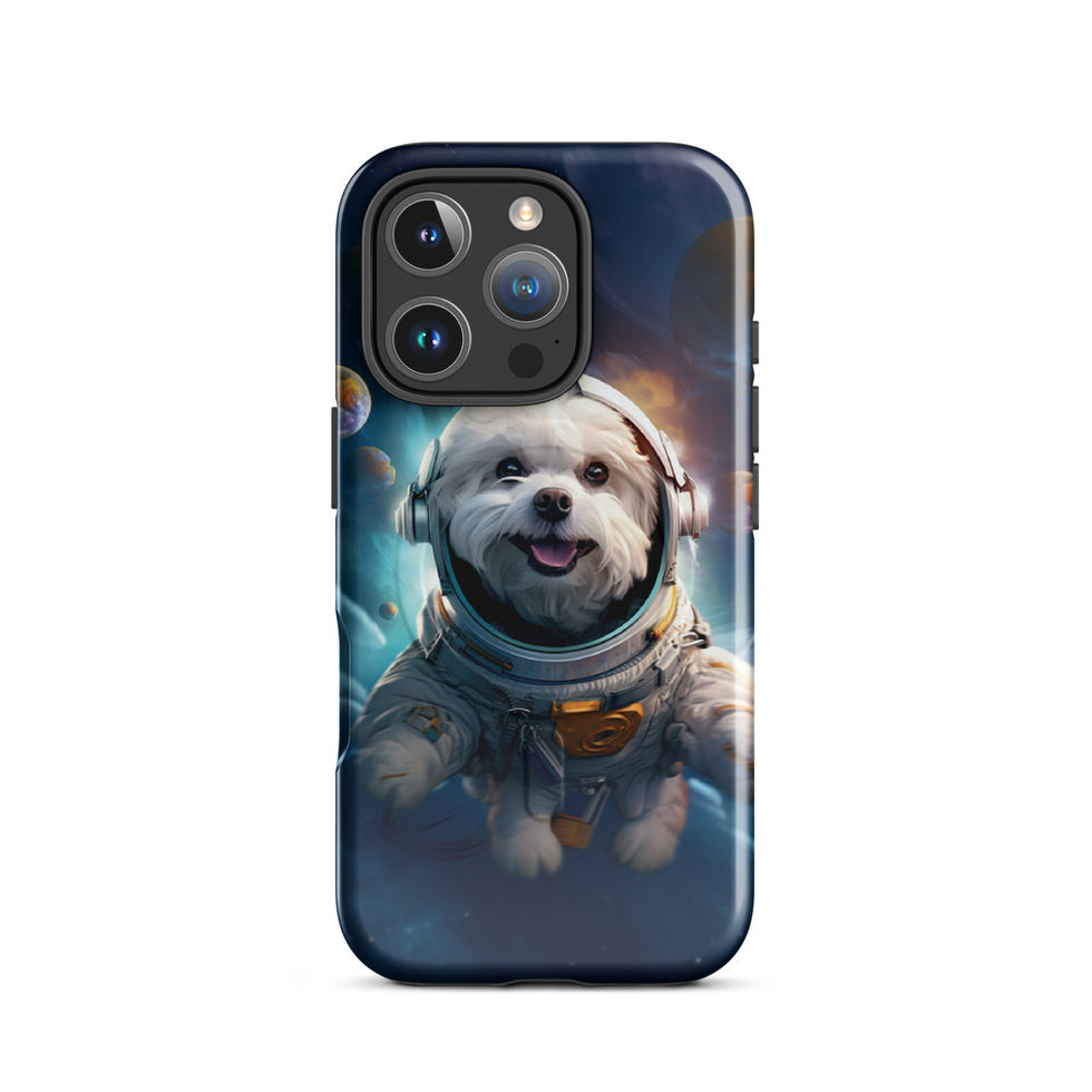 Galactic Voyager cosmic dog MagSafe iPhone case — upright phone mockup 12