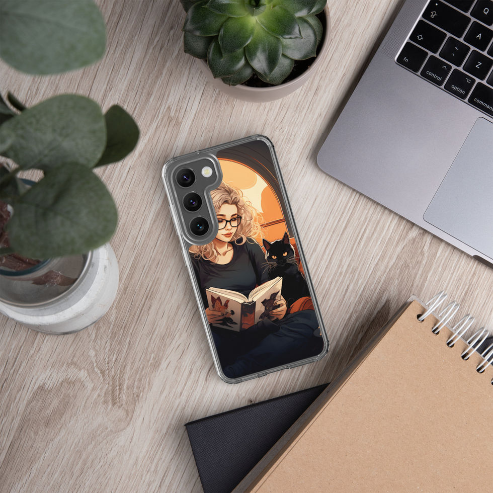 Printed back of Literary Haven Samsung clear case showing storybook-inspired portrait