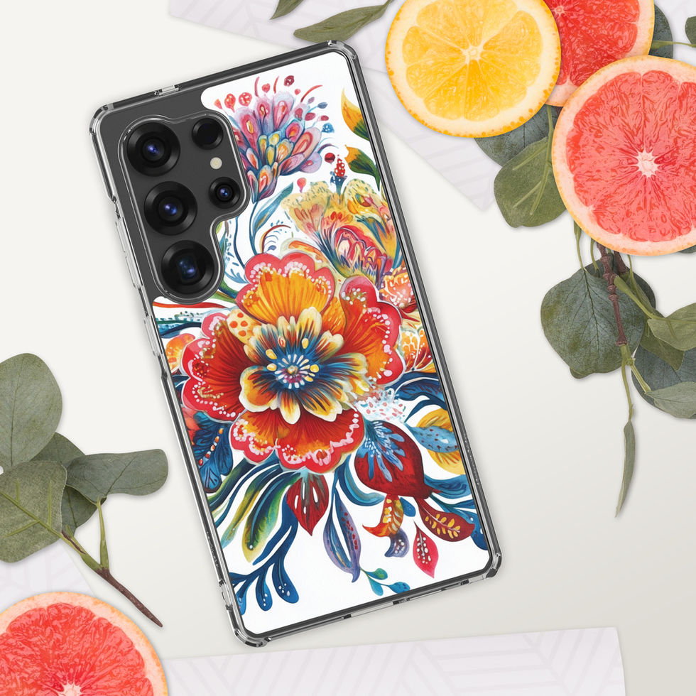 Sunfire Bloom clear floral phone case for Samsung Galaxy S21 Plus, angled view showing the clear edges and camera opening