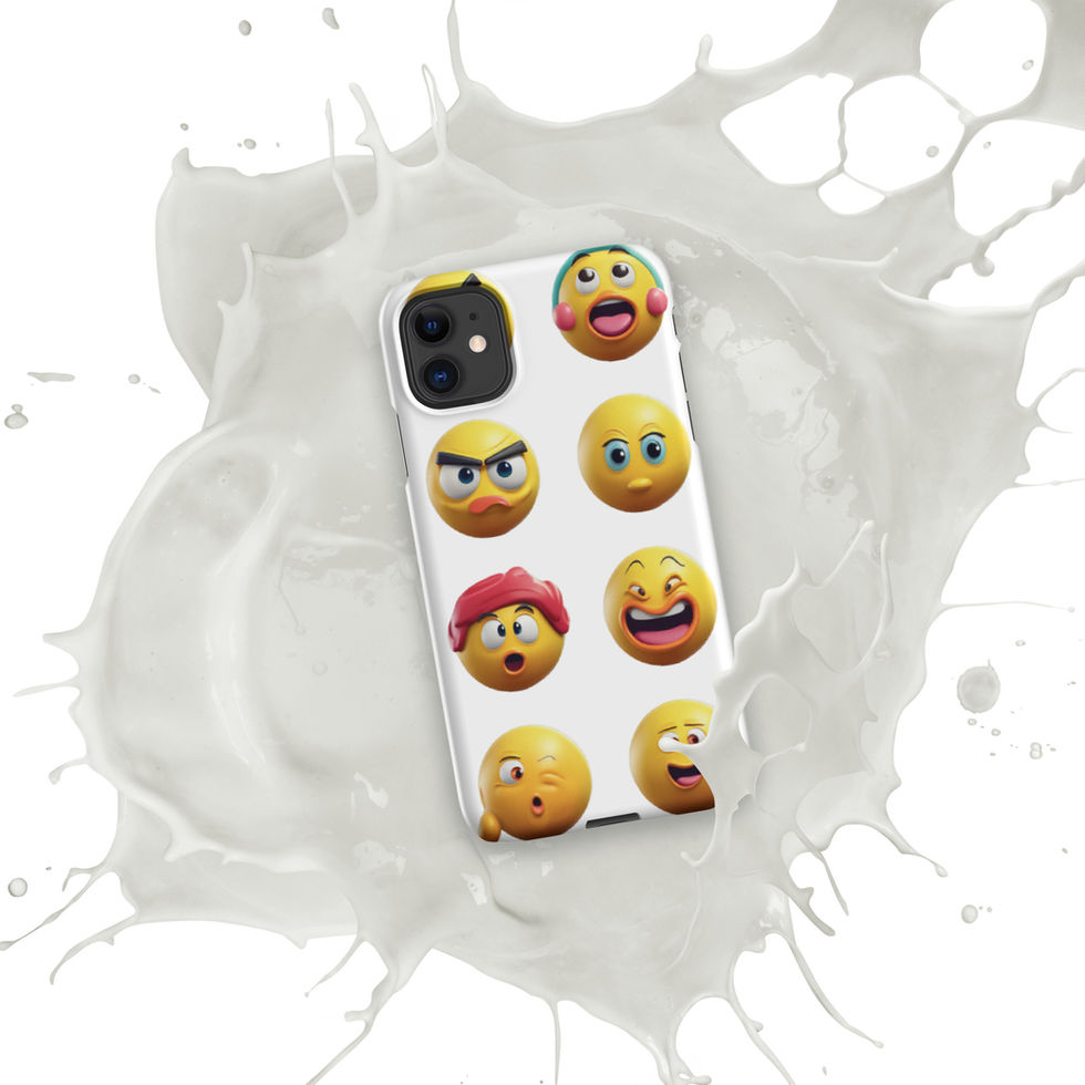 Emoji Frenzy snap iPhone case showing tongue-out emoji across its rear print, over a white paint splash.