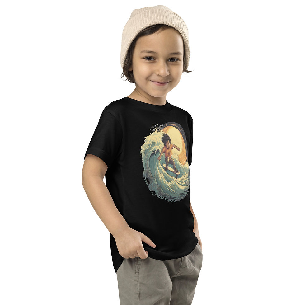 Wave Rider: black short-sleeve toddler T-shirt with surfer riding curling waves, worn by child, turned slightly