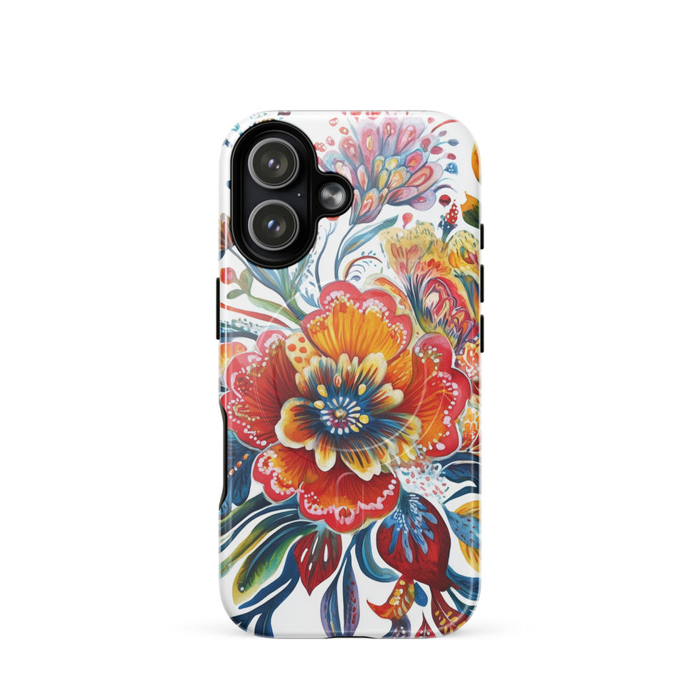Sunfire Bloom MagSafe tough floral case for iPhone 14, rear view showing the sunlit floral artwork and magnetic case