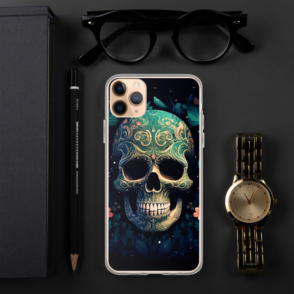 Emerald Requiem clear iPhone case showing gold scrollwork across the skull forehead