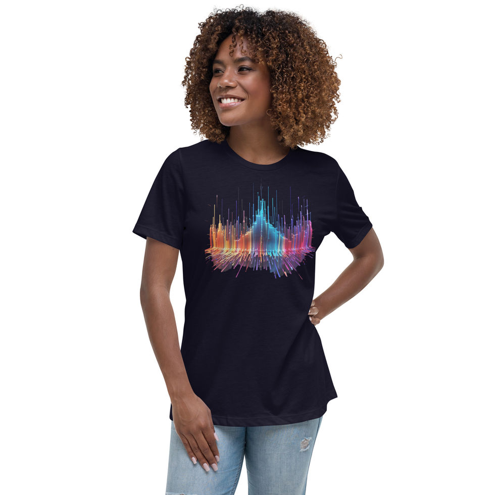 Vibrant Waves: navy blue women's relaxed T-shirt with colourful abstract soundwaves, worn by model