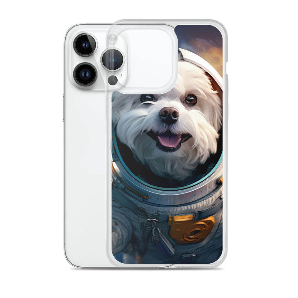 Cosmo Pup cosmic dog clear iPhone case โ camera-side detail in dark lifestyle scene