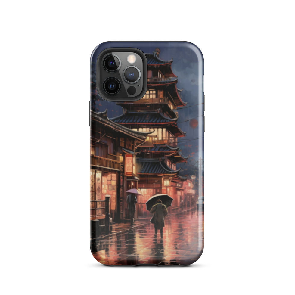 Rainy Kyoto Nights iPhone tough case, back print showing warmly lit wooden street fronts.