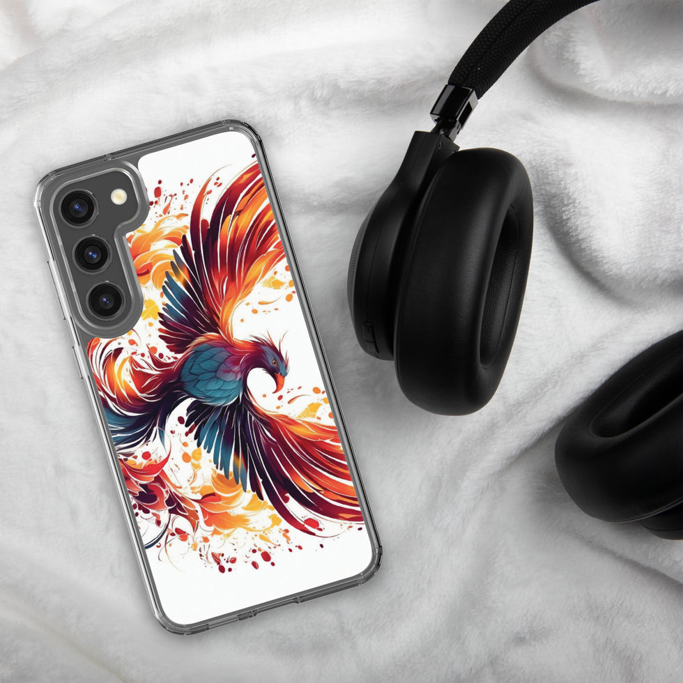 Reborn phoenix-mockup-35 showing Blazing Rebirth artwork on a Samsung clear phone case