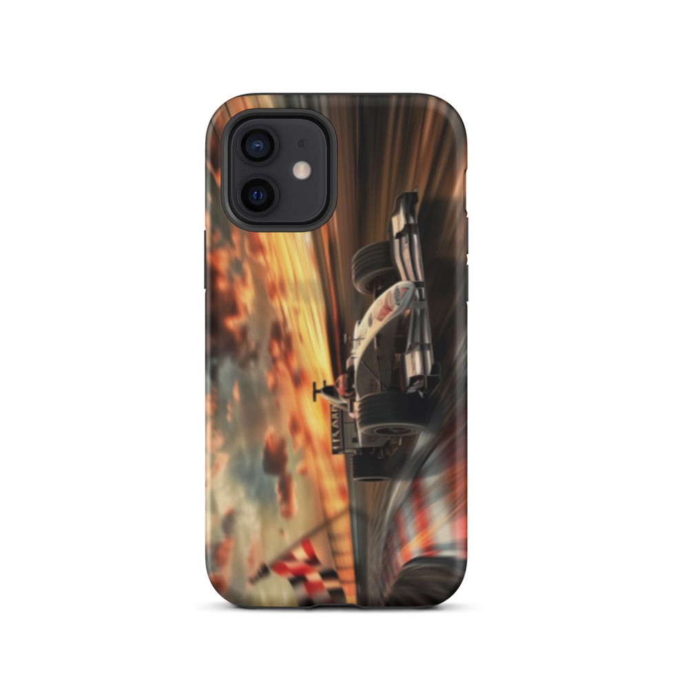 Sunset Speed Tough case for iPhone 12, dark race car on golden sunset track, rear view on white background