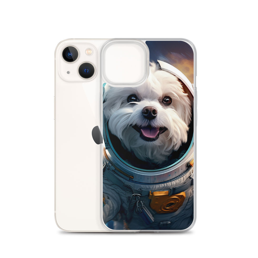 Cosmo Pup cosmic dog clear iPhone case โ left-angle profile in dark lifestyle scene