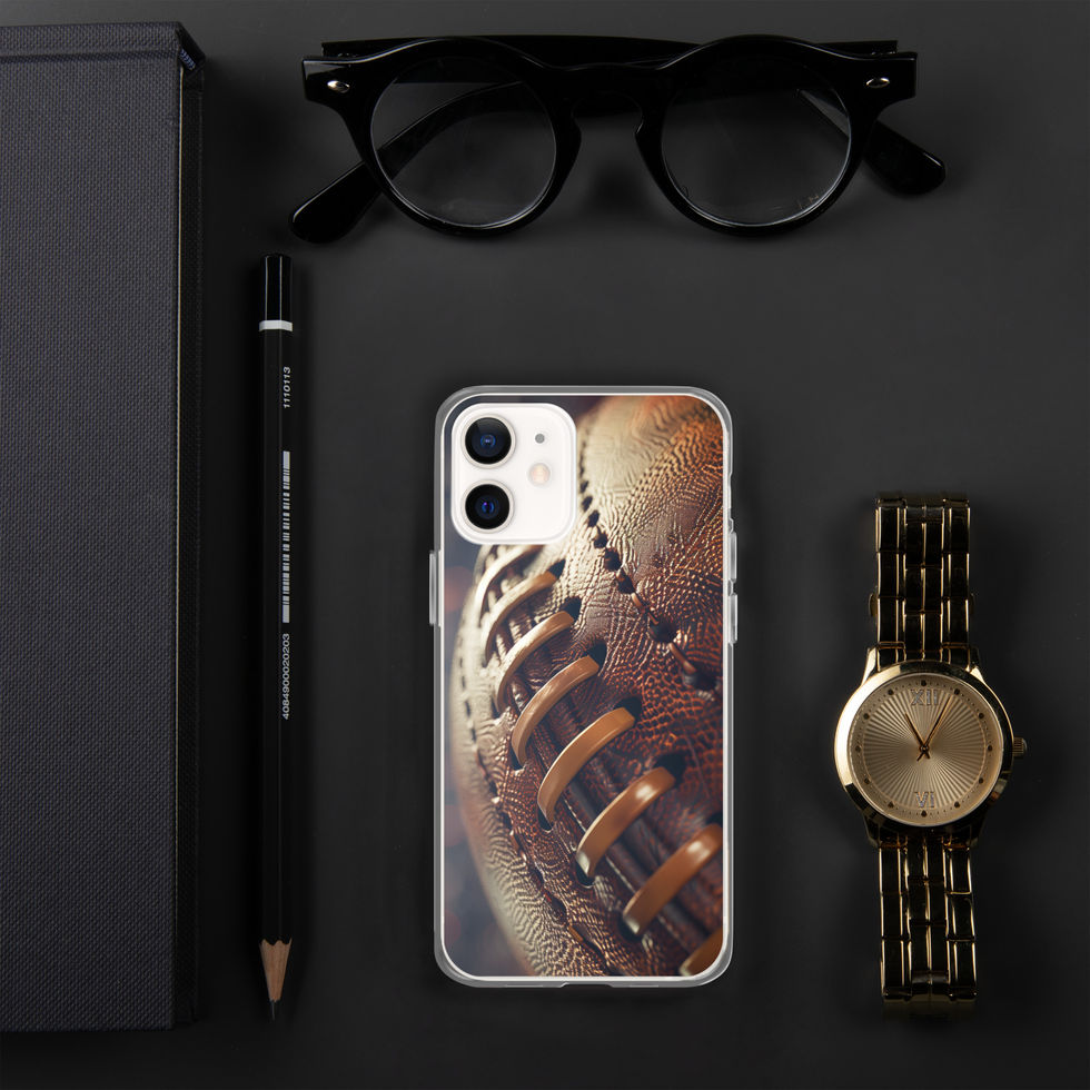 Stadium Lights Clear case for iPhone 12 mini, football artwork and golden laces, black desk with glasses and watch