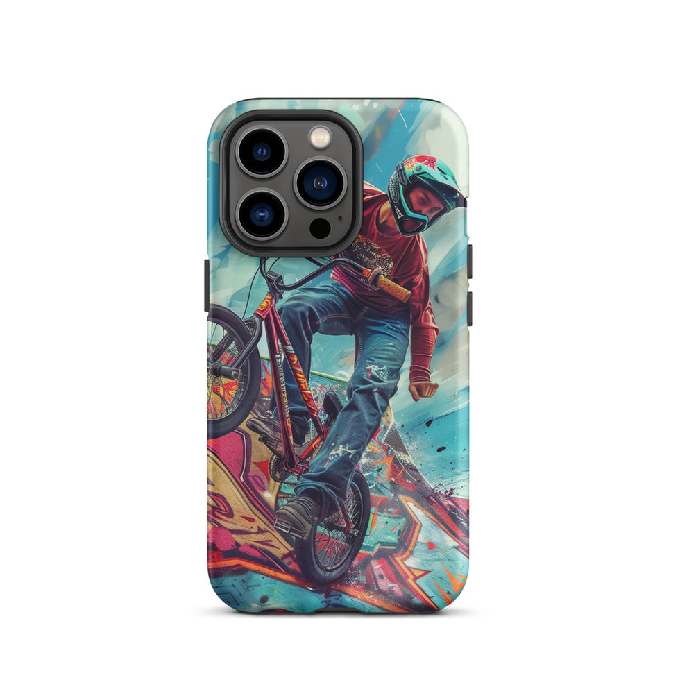 Ramp Rebel Tough case for iPhone 13 Pro, red-jacketed BMX rider and graffiti, rear view on white background