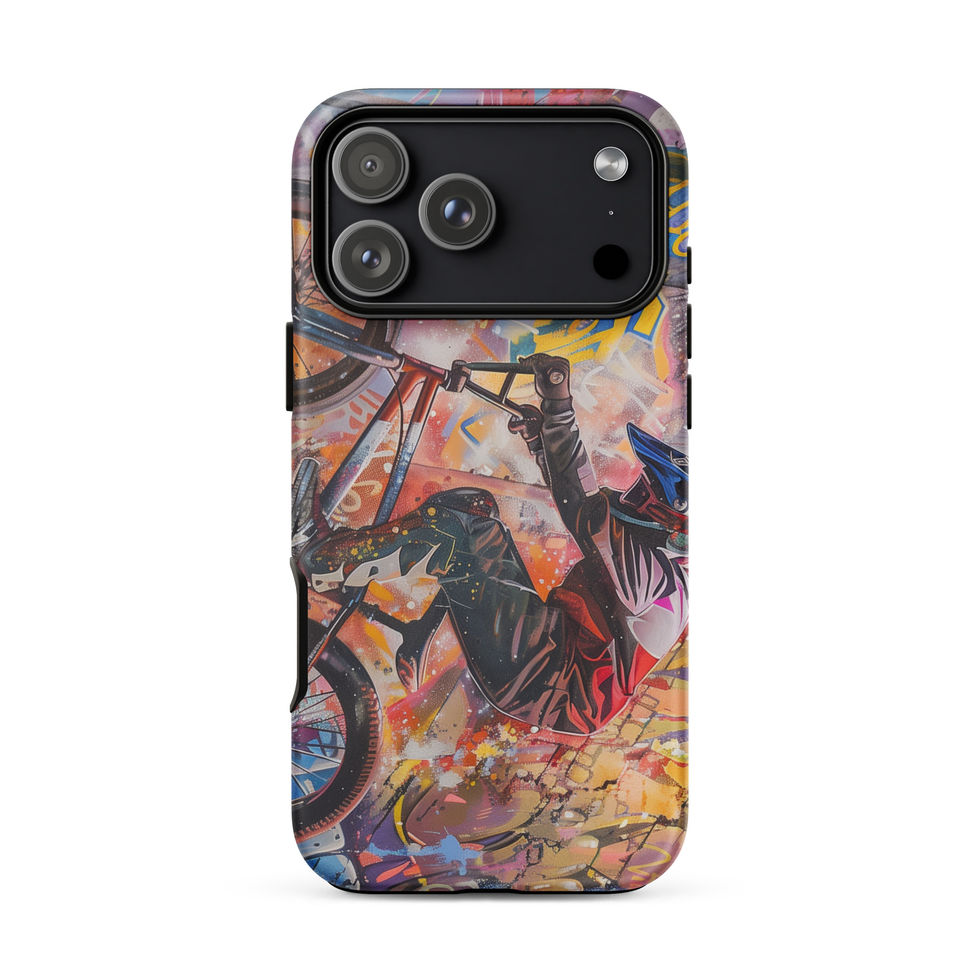 Graffiti Grind Tough case for iPhone 18 Pro Max, BMX rider amid pink and yellow graffiti, rear view on white