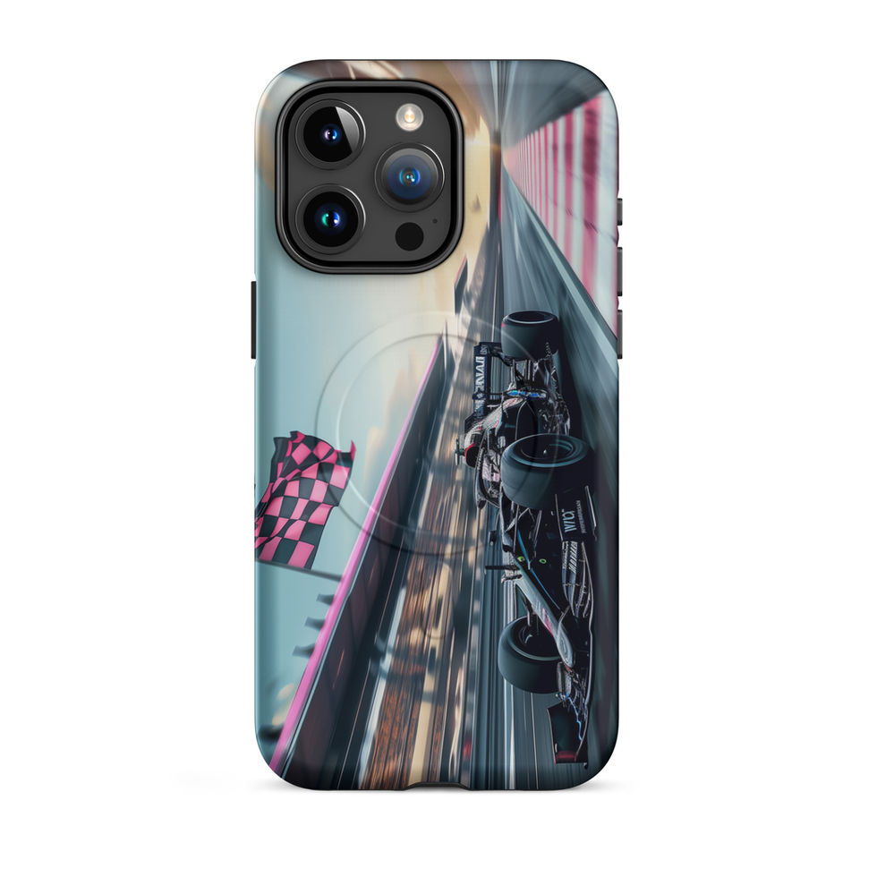 Blackout Champion MagSafe Tough case for iPhone 15 Pro Max, dark race car and pink flags, rear view on white