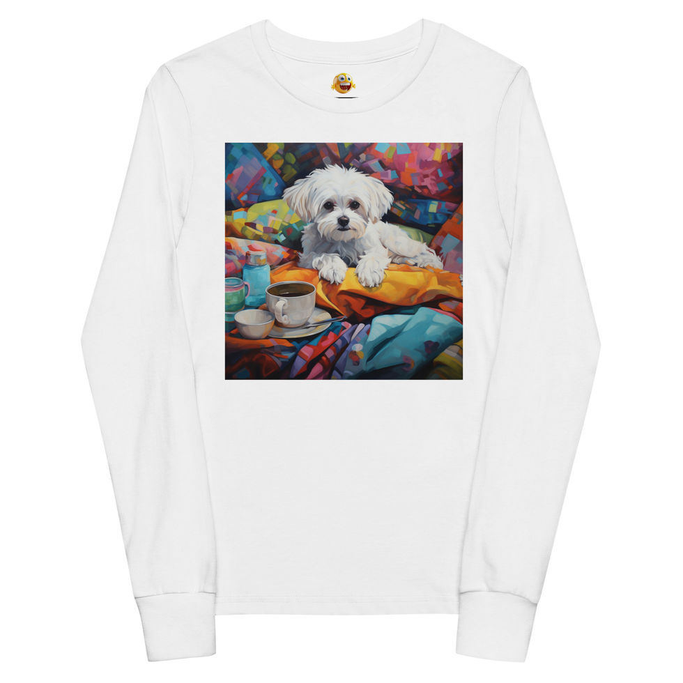 Cozy Comfort Pup: white youth long-sleeve T-shirt with a puppy with a cup and cushions