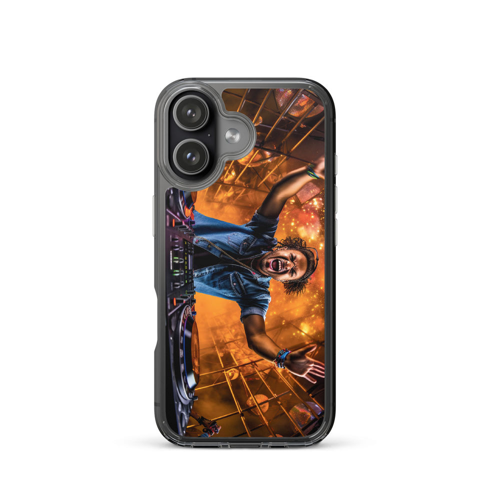 Cosmic DJ clear iPhone case with orange-and-blue DJ art, gallery image 50 of 50