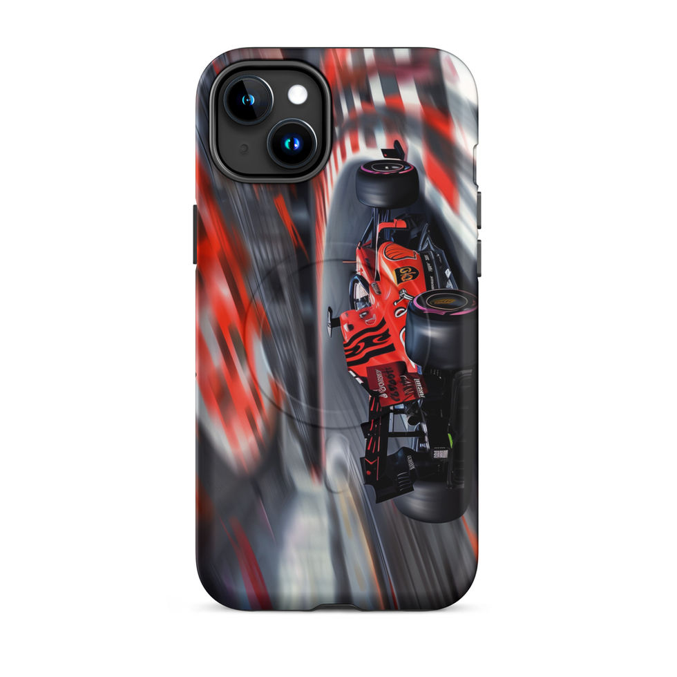 Apex Velocity MagSafe Tough case for iPhone 15 Plus, red race car and track streaks, rear view on white background