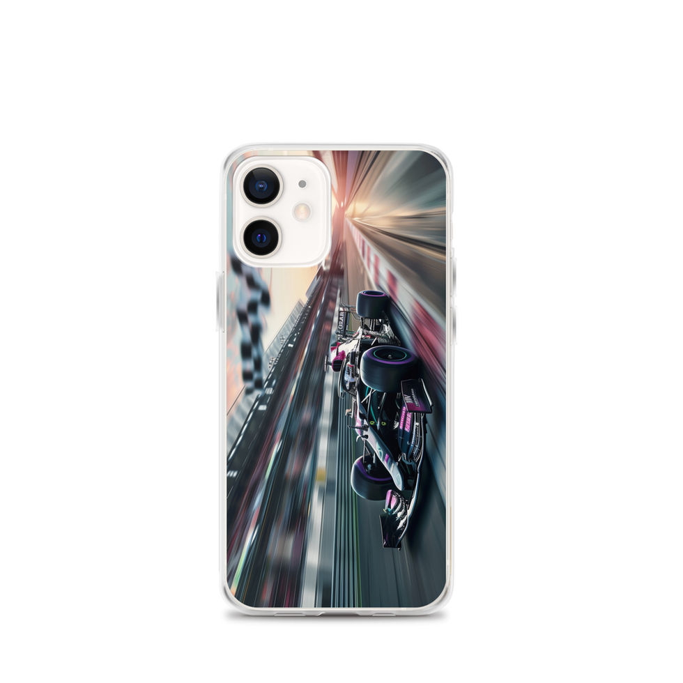 Midnight Velocity Clear case for iPhone 12 mini, race car and night lights, phone and case on white