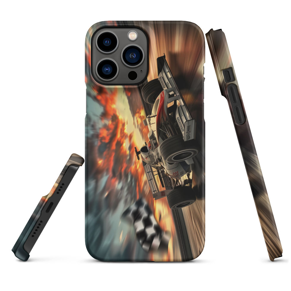 Final Lap Fury Snap case for iPhone 13 Pro Max, black race car and fiery flag, rear and side views on white