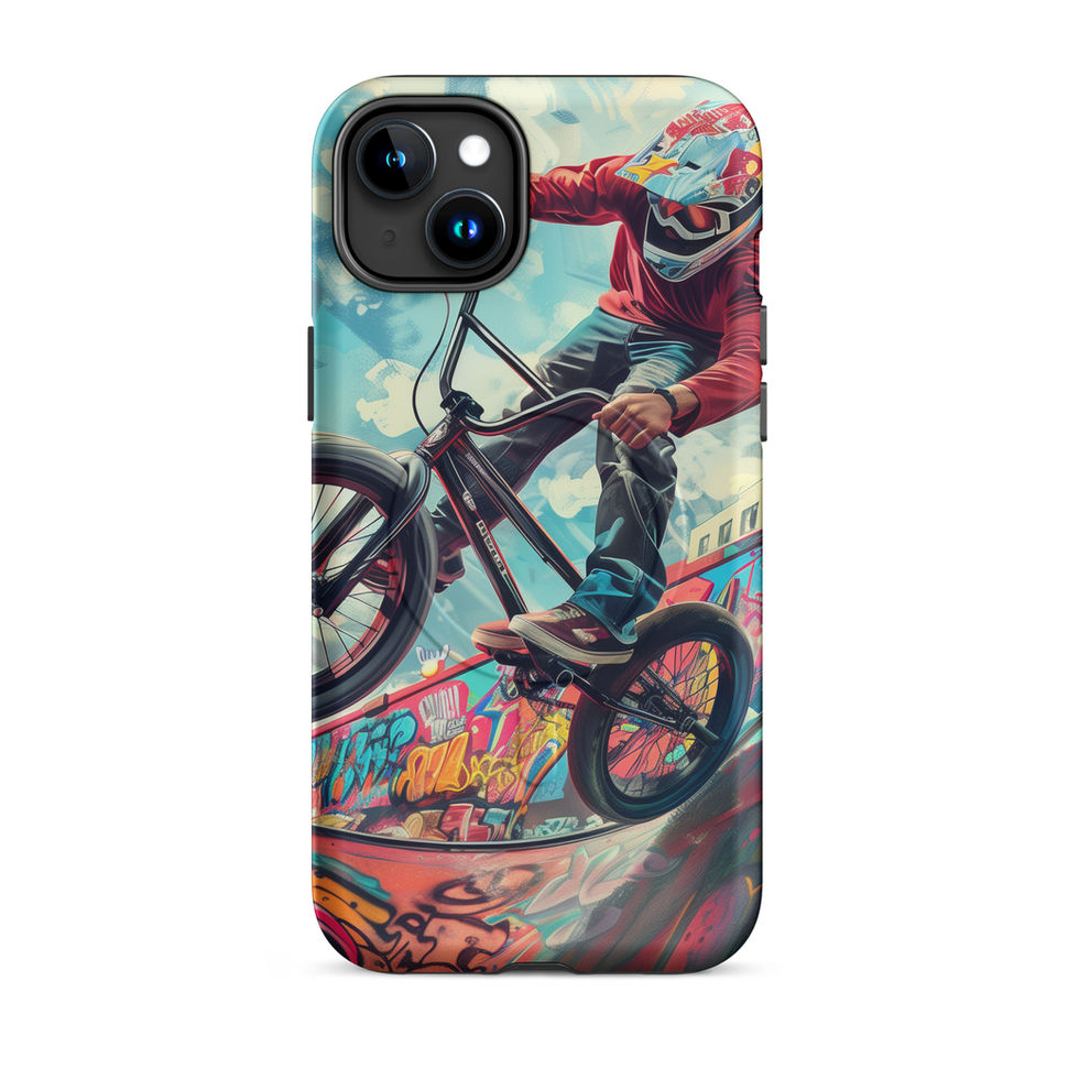 Urban Thrill MagSafe Tough case for iPhone 15 Plus, BMX rider above graffiti ramp, rear view on white background