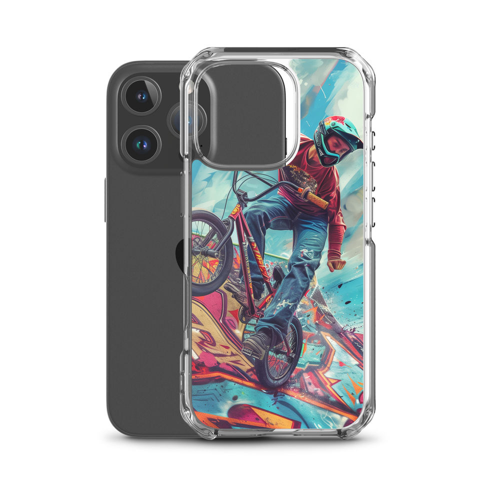 Ramp Rebel Clear case for iPhone 16 Pro, red-jacketed BMX rider and graffiti, rear view on white