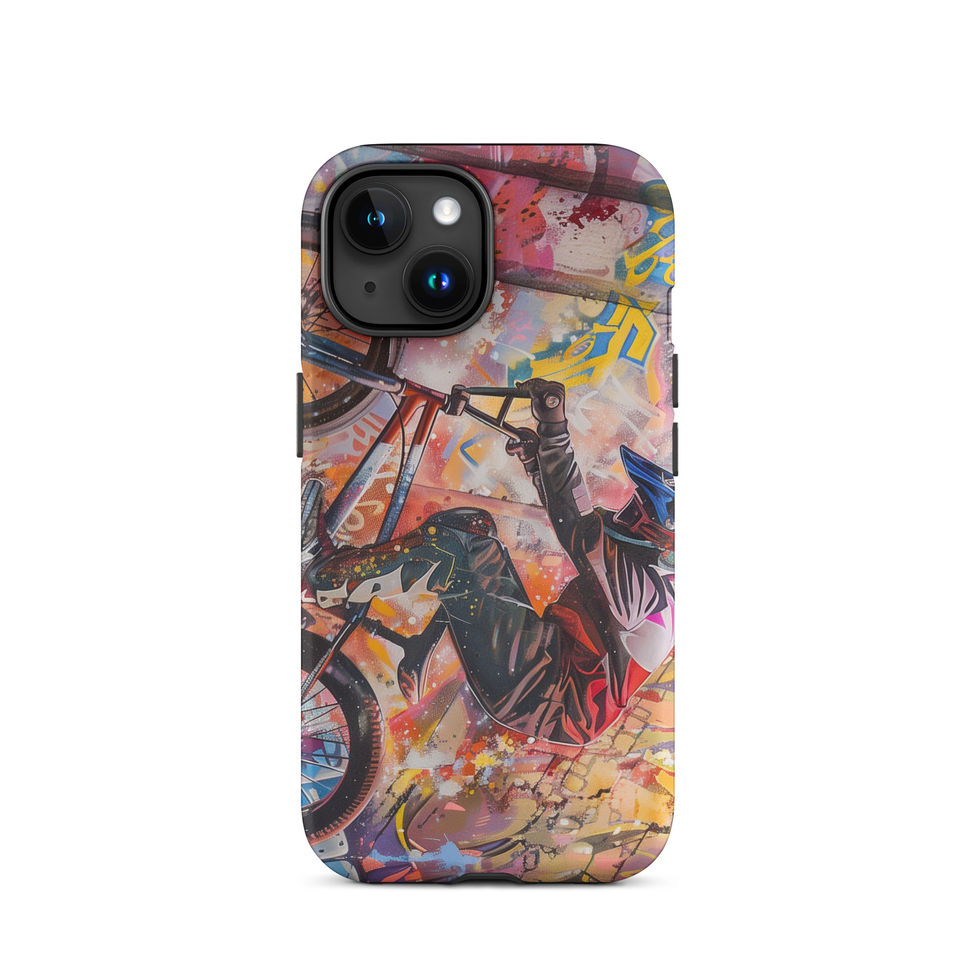 Graffiti Grind Tough case for iPhone 15, BMX rider amid pink and yellow graffiti, rear view on white