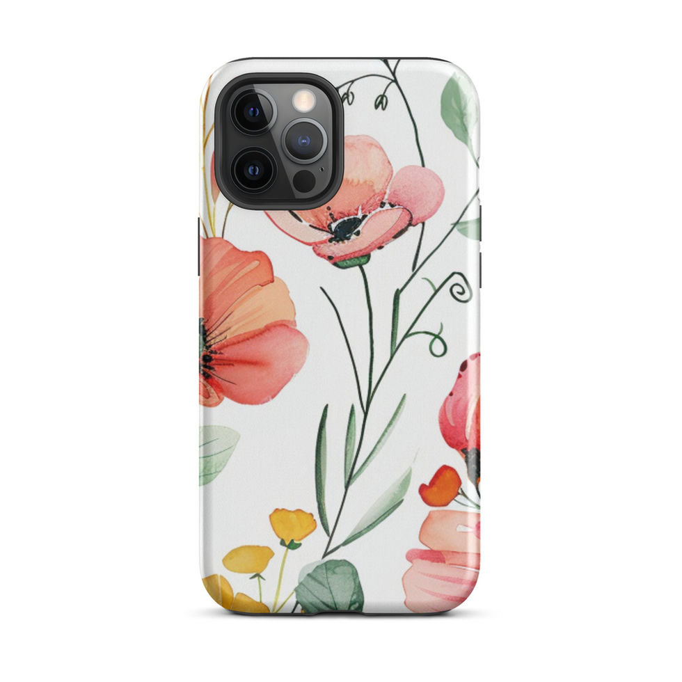 Soft coral bloom iPhone case with green stems and yellow floral accents