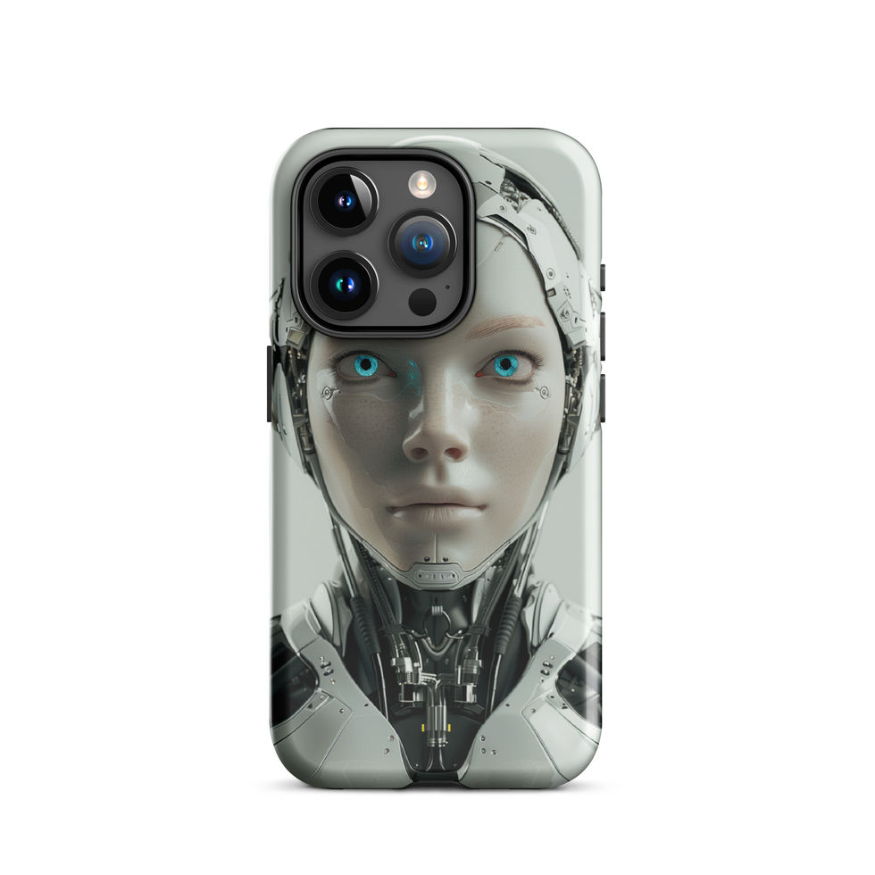 Pale silver AI sentinel with temple circuitry; close-up detail on an iPhone® Tough Case.
