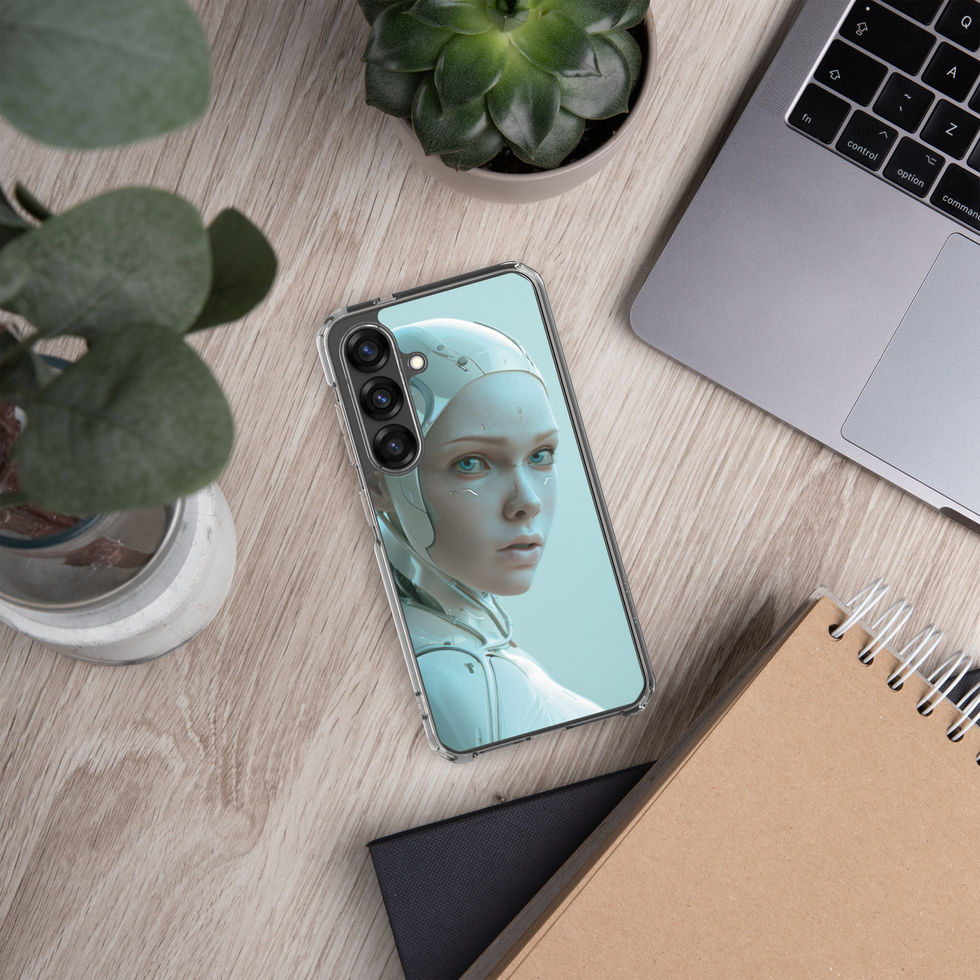 Ivory Ascension female android in three-quarter view; studio case preview on a Samsung® Clear Case.