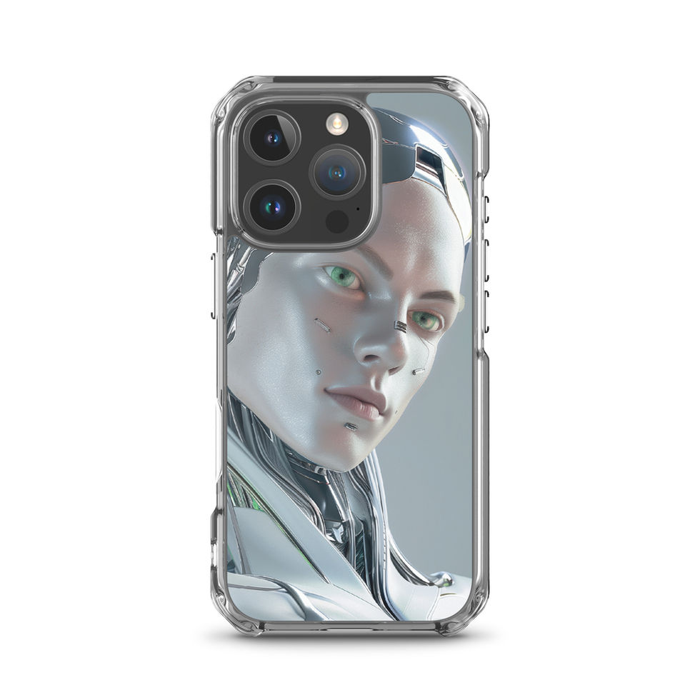 Cybernetic Elegance clear iPhone case with elegant humanoid robot profile on a slim phone cover