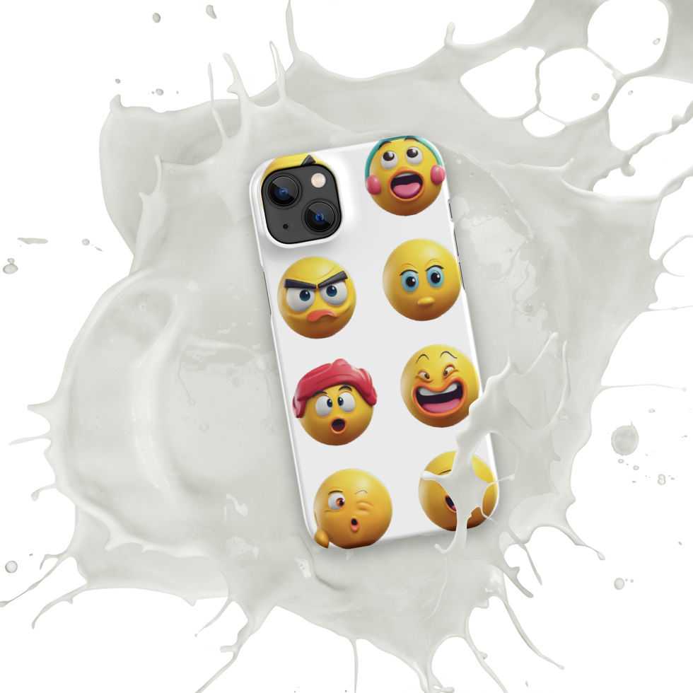 Emoji Frenzy snap iPhone case showing playful eyes and mouths across its printed surface, over a white paint splash.