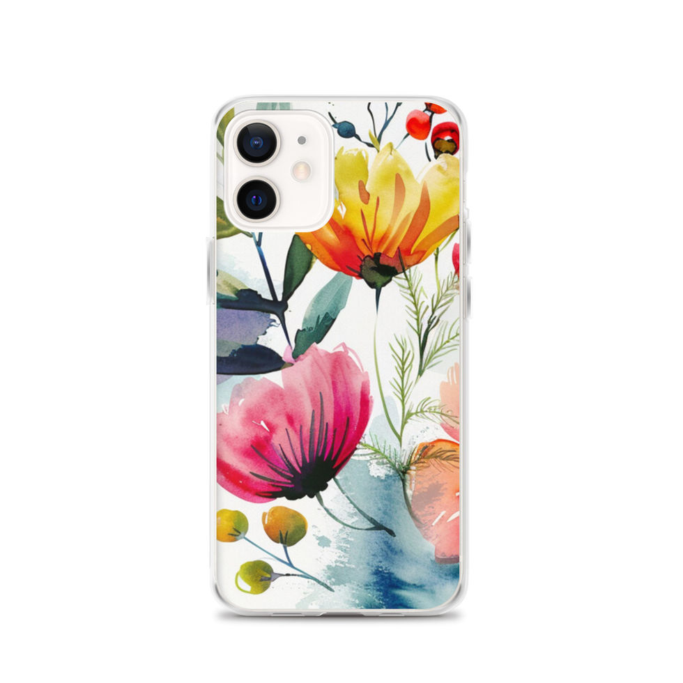 Crimson Meadow clear case for iPhone 14 Plus, rear floral artwork view with crimson, coral and blush flowers