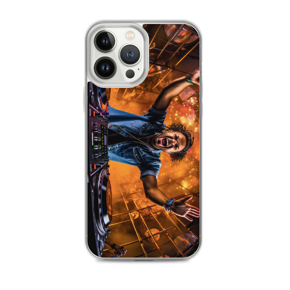 Cosmic DJ clear iPhone case with orange-and-blue DJ art, gallery image 18 of 50