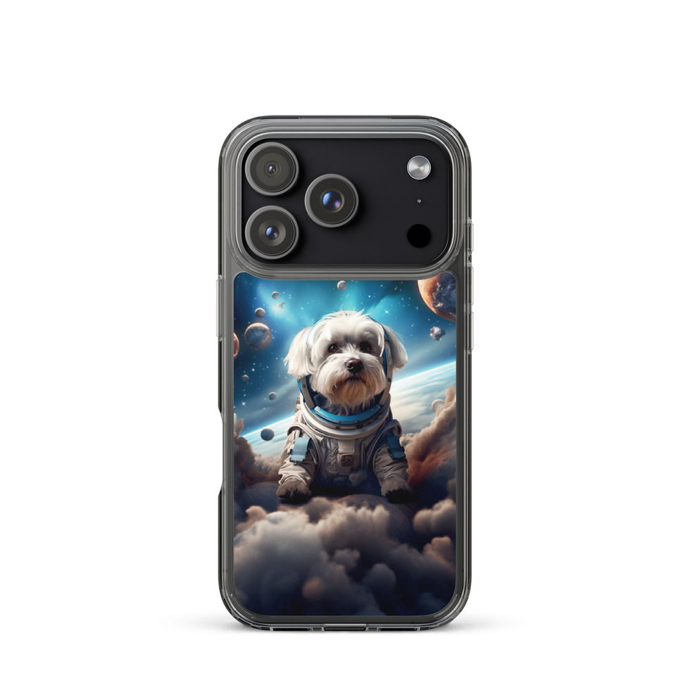 Cosmic dog-mockup-49 showing Celestial Voyager artwork on an iPhone clear phone case