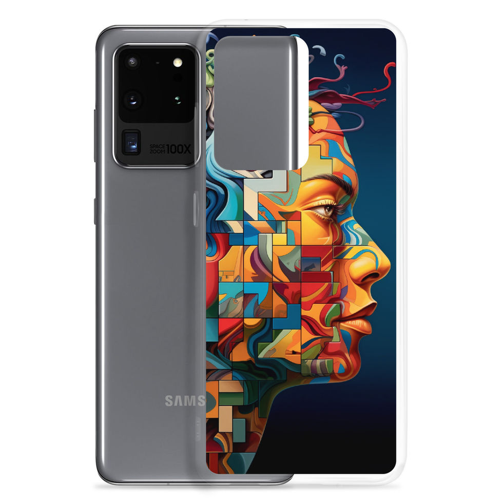 Fragmented Chaos clear Samsung case with colourful shattered portrait artwork, side profile, image 5