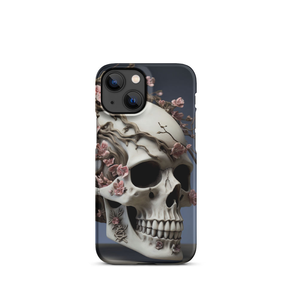 Gothic floral iPhone snap case featuring a weathered skull framed by soft pink blooms