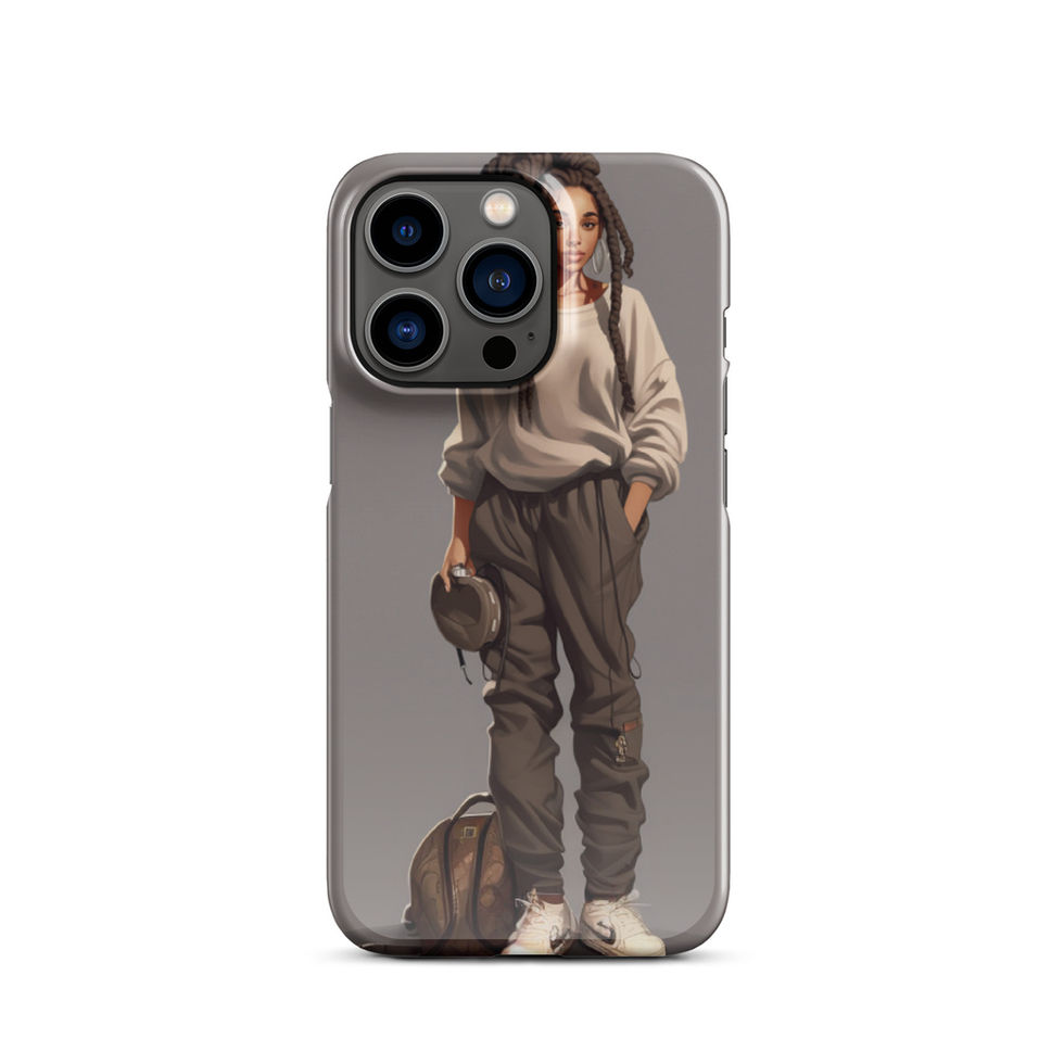 Full-scale iPhone 13 Pro Max case with loose layers around the central figure