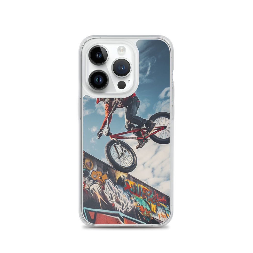 Graffiti Air Clear case for iPhone 14 Pro, BMX rider above graffiti ramp, with phone beside case on white