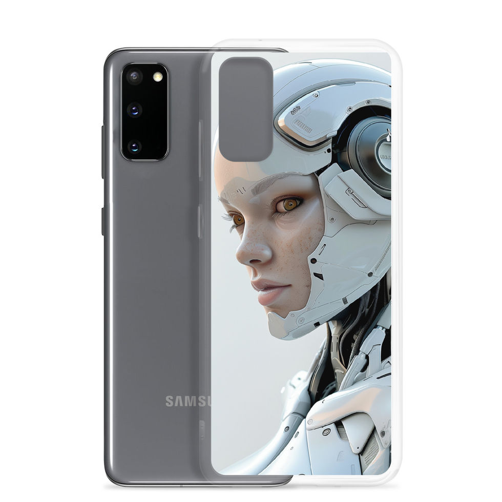 Humanlike AI explorer with silver armour details; front product view on a Samsung® Clear Case.