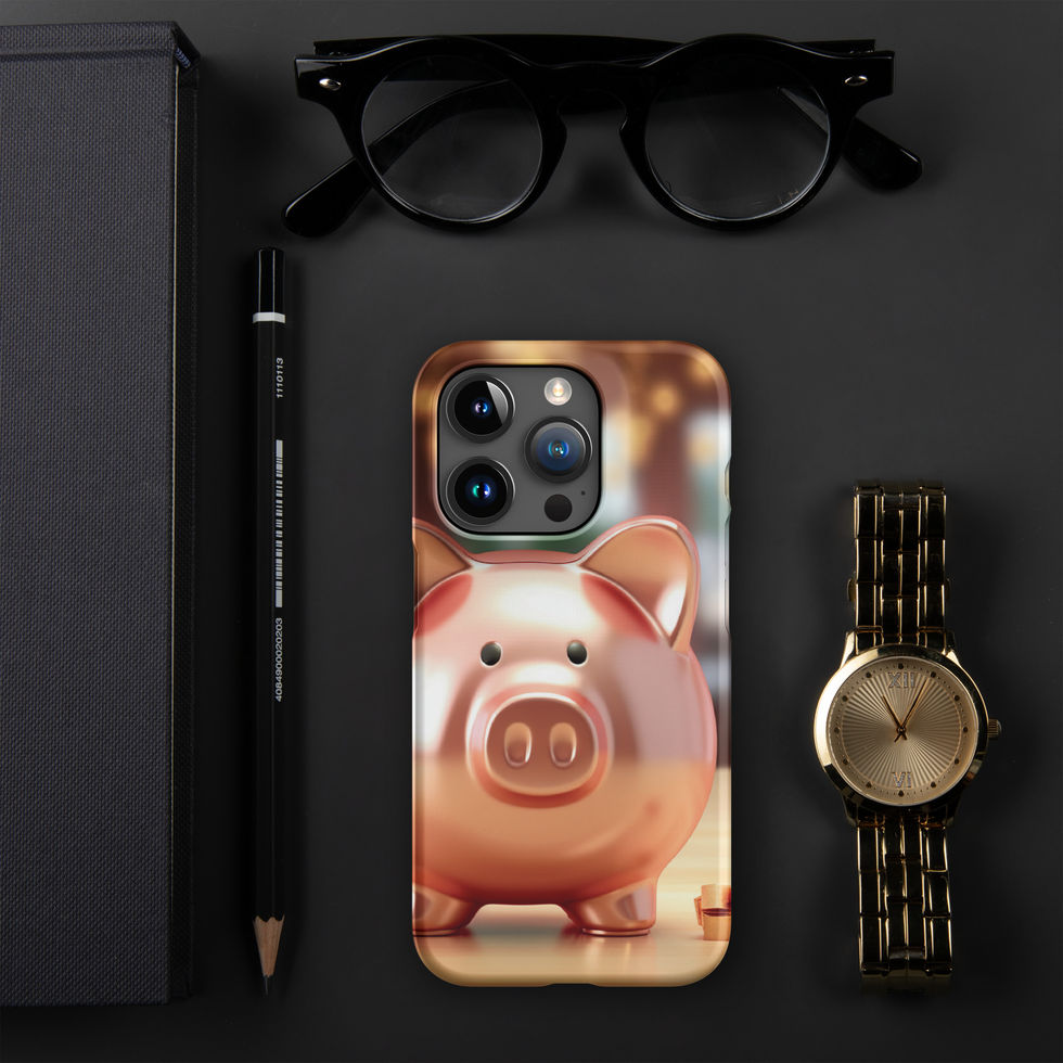Golden Fortune snap iPhone case on a black desk with glasses and a watch, showing the Golden Fortune pig above a wooden base.