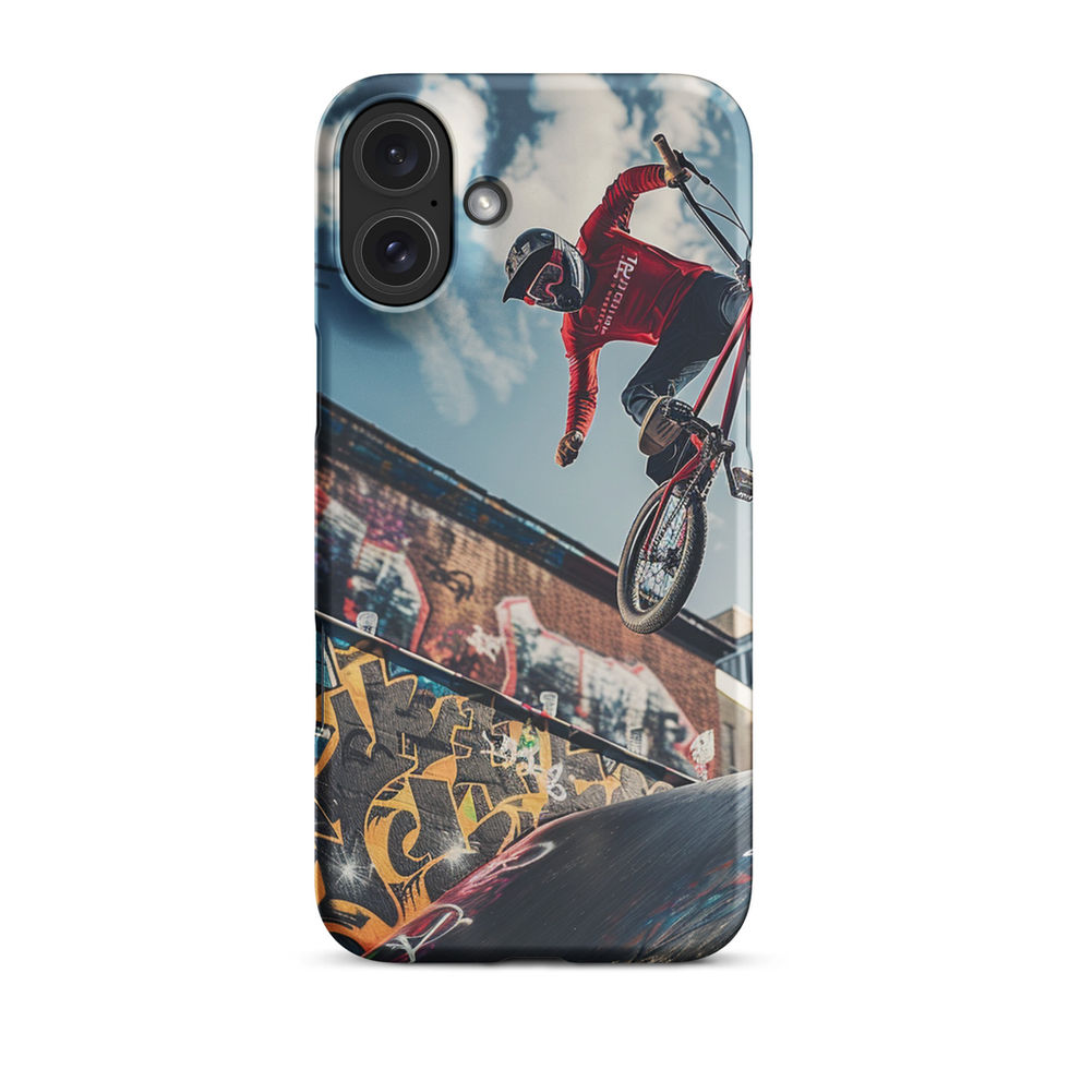Skybound Stunt Snap case for iPhone 16 Plus, BMX rider above graffiti ramps, rear view on white