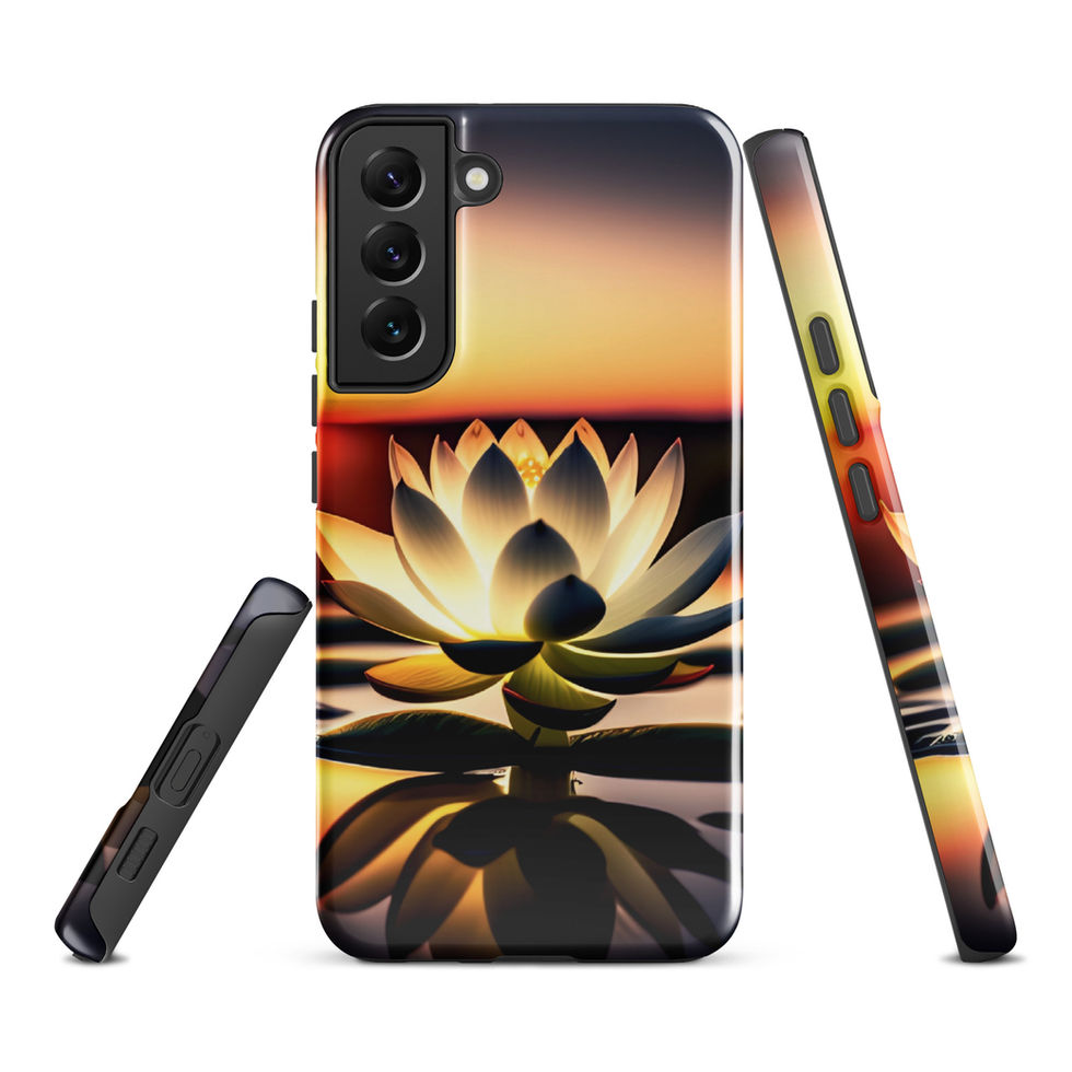 Sunlit Lotus Samsung tough case, back and side views; seated silhouette framed by glowing petals.