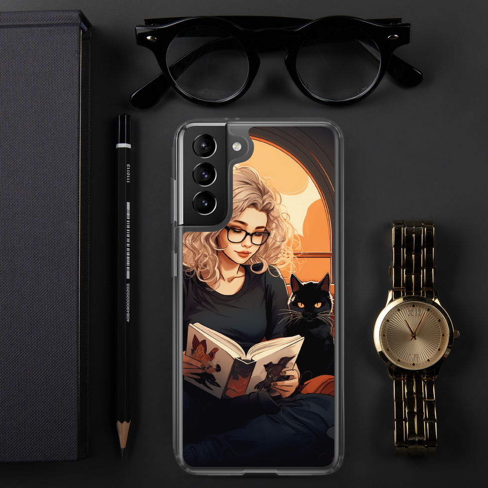 Literary Haven clear Samsung case with illustrated reader and cat