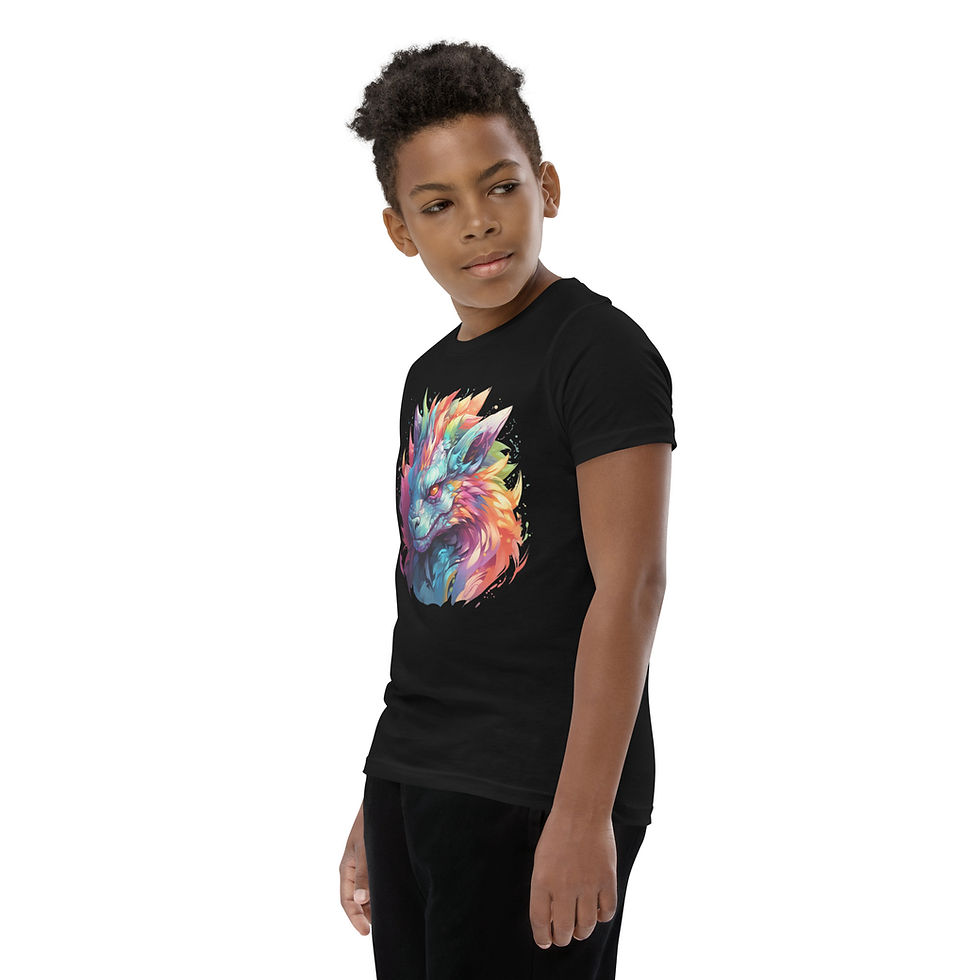 Mystic Flame: black youth short-sleeve T-shirt with a rainbow-coloured dragon, child turned left