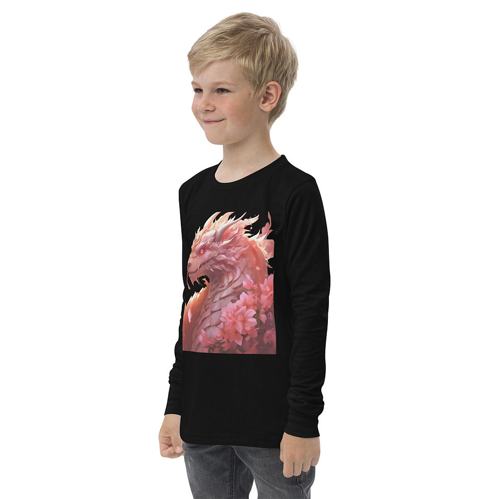 Sakura Majesty: black youth long-sleeve T-shirt with a pink dragon among cherry blossoms, child turned left