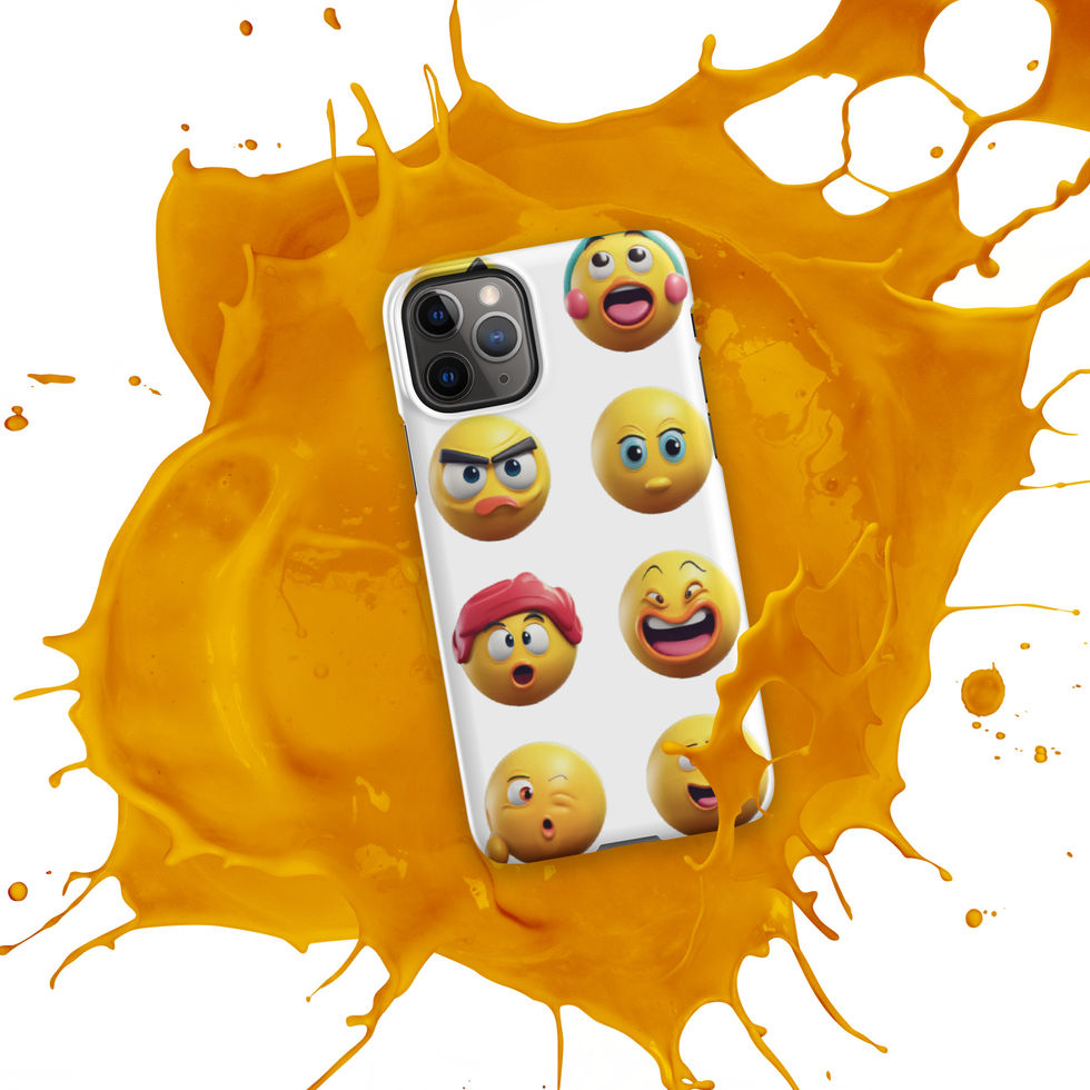 Emoji Frenzy snap iPhone case showing six bright expressions across its rear print, over an orange paint splash.
