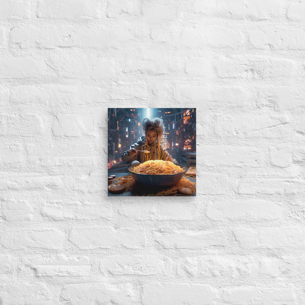 Cyber Noodle Dream canvas on white brick: golden noodles in front of a diner beneath glowing signs
