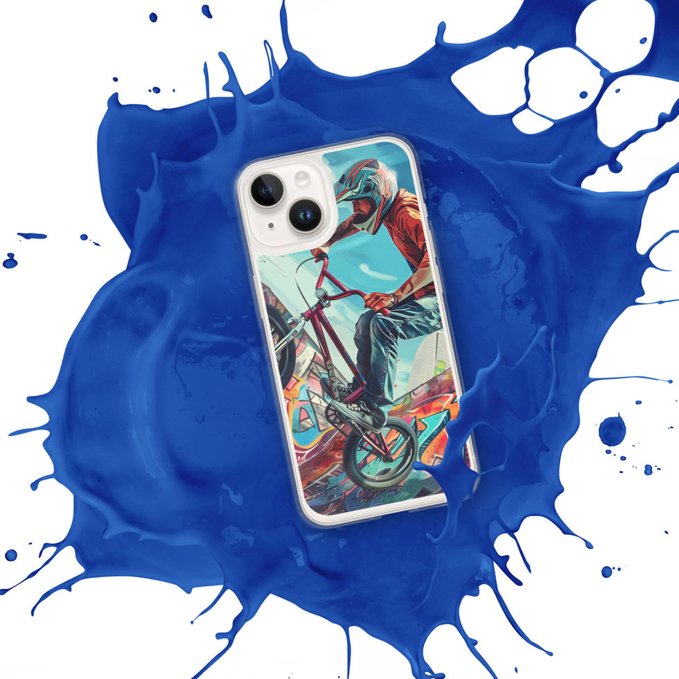 Urban Freestyle Clear case for iPhone 14, BMX rider and colourful graffiti, blue paint splash background