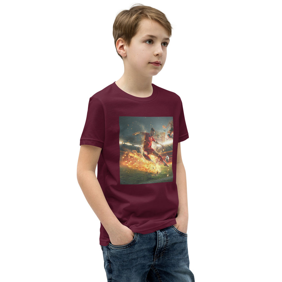 Ignite the Football: maroon youth short-sleeve T-shirt with a footballer amid orange flames, child turned left