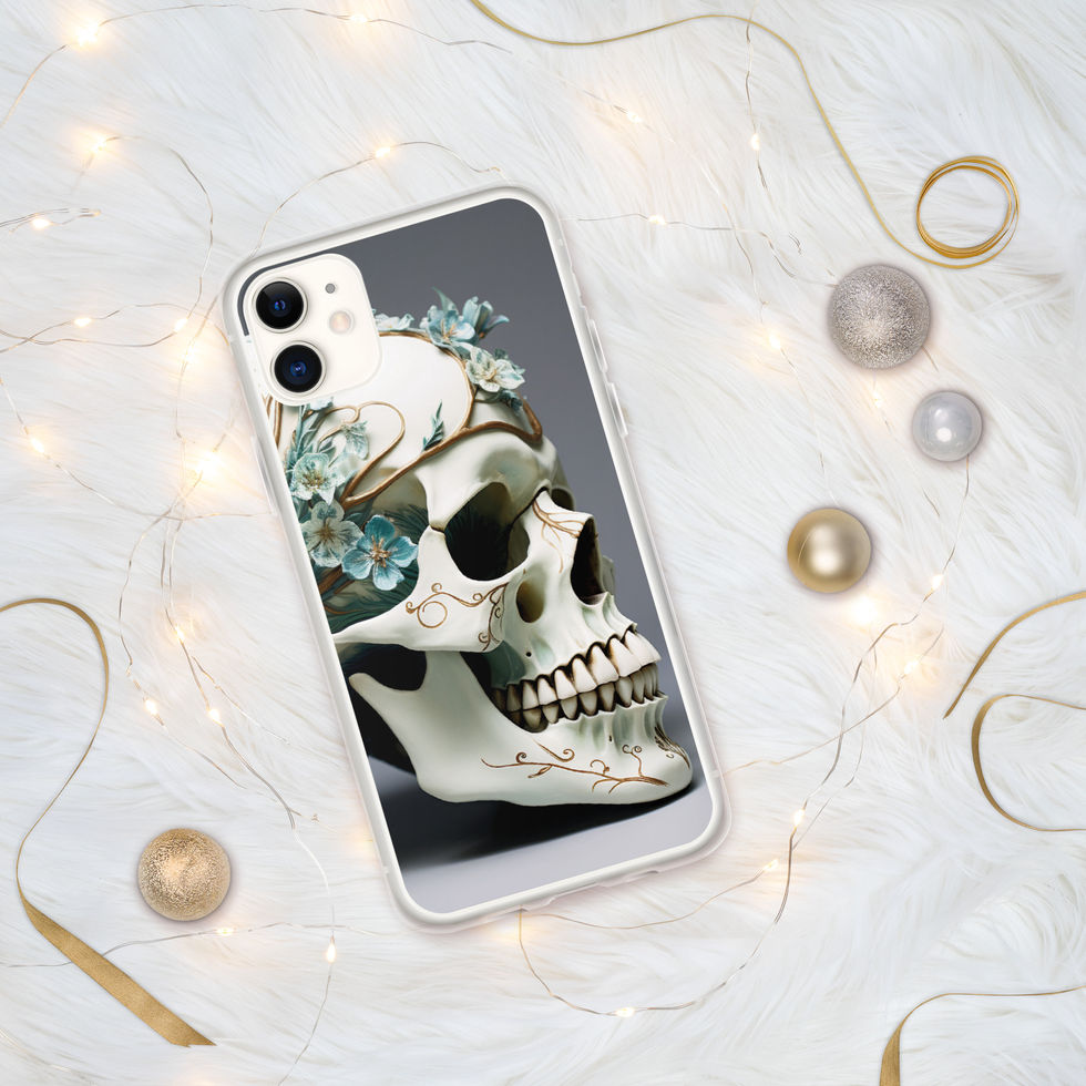 Transparent-sided iPhone case with Ivory Blossom art showing pale bone tones against charcoal