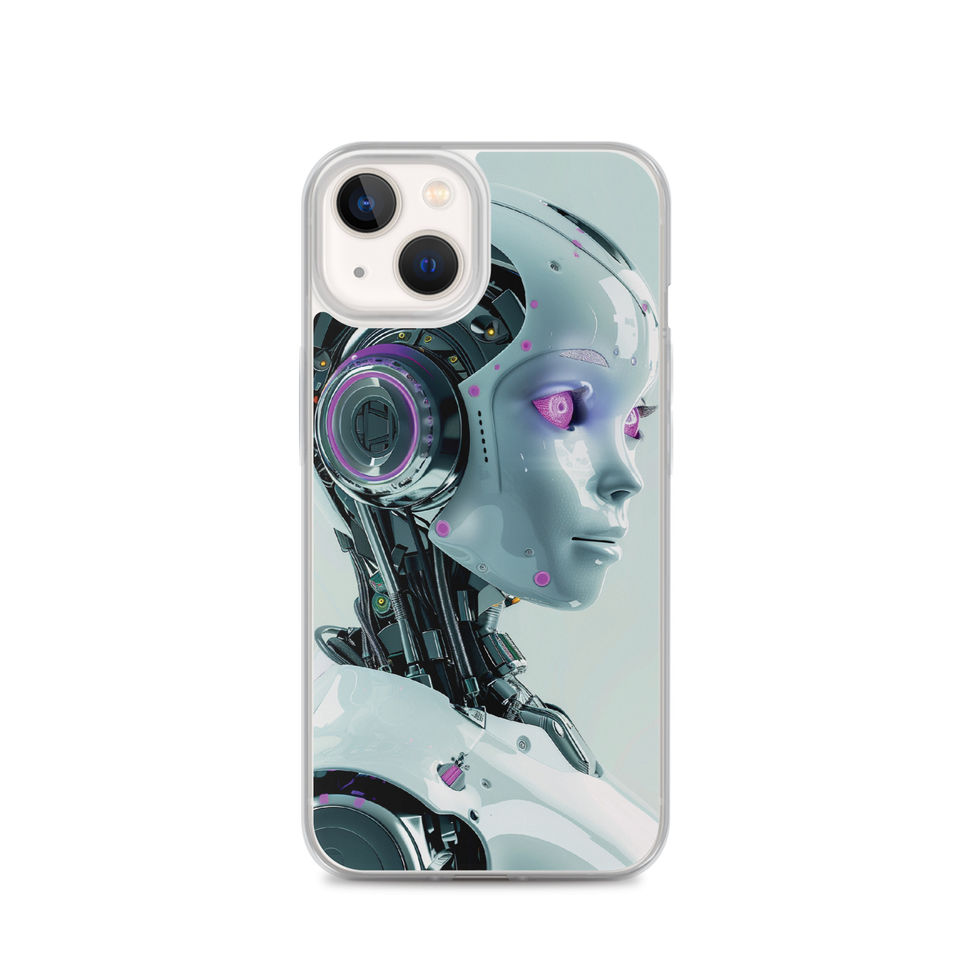 Profile-view humanoid robot artwork on a iPhone clear case